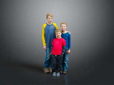 Three Boys Standing Together with Arms Around Shoulders in Different Colored Clothes on Gray Background 3d model