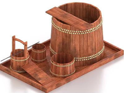 Traditional Wooden Barrel with Lid and Small Buckets on Tray Metal Accents 3d model