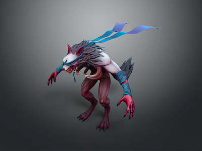 Wolf Headed Mythical Creature Character With Sharp Fangs Long Tongue Blue Straps And Flowing Ribbons 3d model