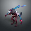 Wolf Headed Mythical Creature Character With Sharp Fangs Long Tongue Blue Straps And Flowing Ribbons