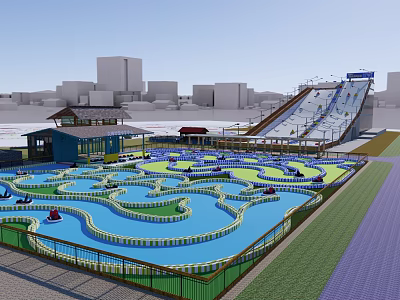 Vibrant Water Park With Winding Channels Slides And Urban Background Facilities 3d model