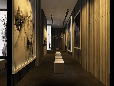 Stylish Hallway With Wooden Walls Black And White Artworks White Benches And Dark Carpet 3d model