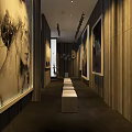 Stylish Hallway With Wooden Walls Black And White Artworks White Benches And Dark Carpet