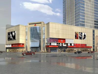 Modern Commercial Complex With Glass Curtain Wall Large Billboards Red Entrance And Spacious Plaza 3d model