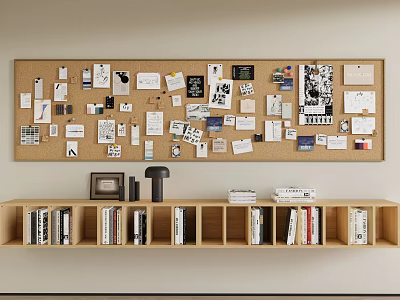 Modern Corkboard Wall Decor With Photos Notes And Wooden Shelf 3d model