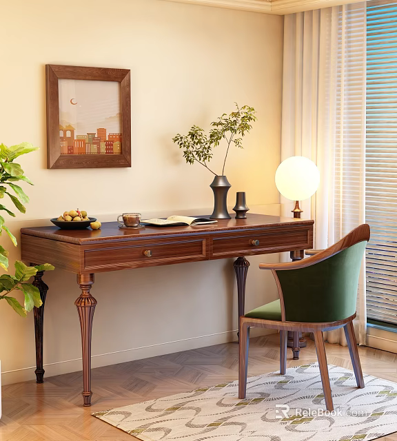 Classic Walnut Desk Setup With Green Chair Vase Book Fruit Bowl And Lamp 3d model 