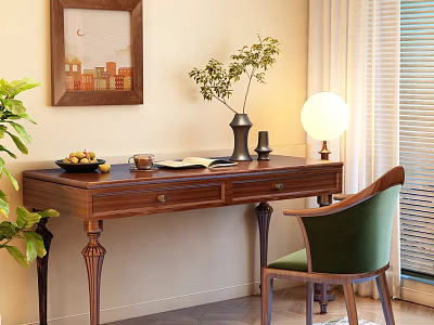 Classic Walnut Desk Setup With Green Chair Vase Book Fruit Bowl And Lamp 3d model