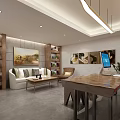 Modern Office Interior With Bookshelves Work Desk Chairs Sofa Coffee Table And Decorative Art