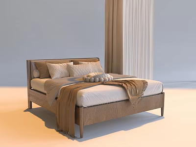 Modern Double Bed Bedroom Design With Wooden Headboard Throw Blanket Pillows And Neutral Curtains 3d model