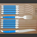 Organized Wooden Tray Cutlery Set With Blue Handle Knives Forks And Spoons
