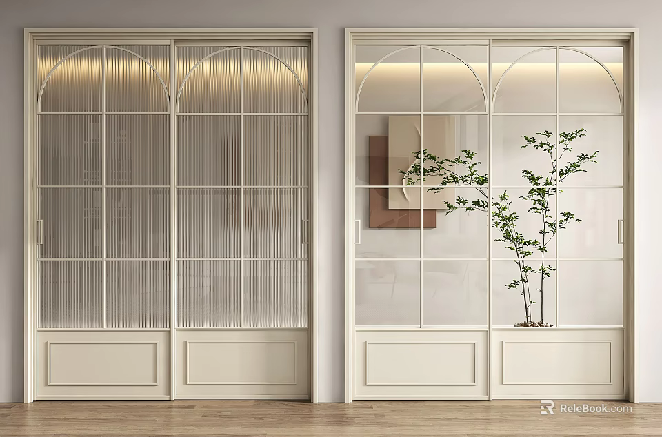 Modern White Sliding Doors With Grid Glass Design Enhancing Interior With Wooden Flooring Near Plant 3d model 