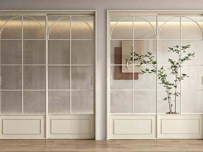 Modern White Sliding Doors With Grid Glass Design Enhancing Interior With Wooden Flooring Near Plant 3d model