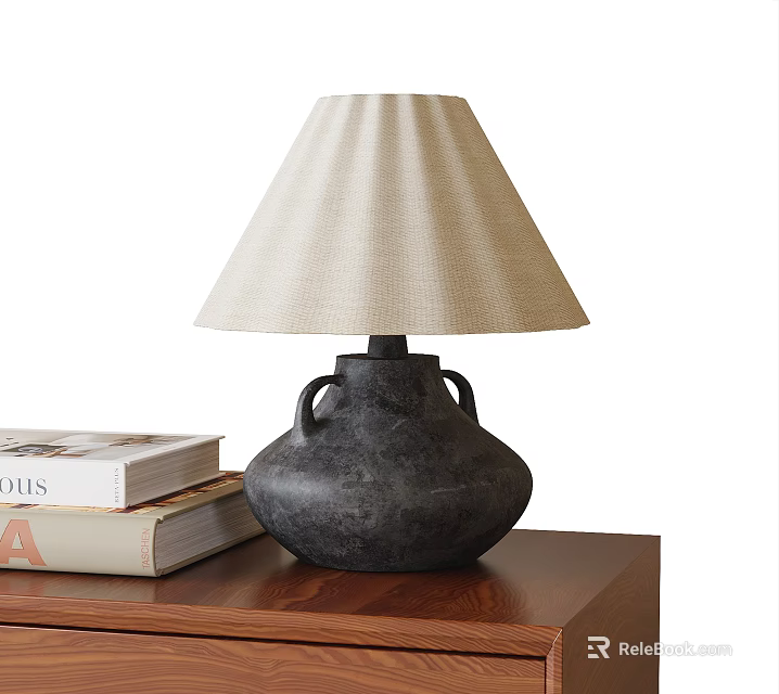 Black pot shaped table lamp with beige pleated fabric lampshade on wooden table with books 3d model 