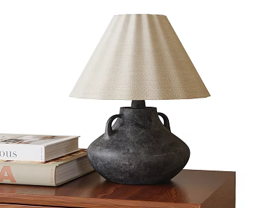Black pot shaped table lamp with beige pleated fabric lampshade on wooden table with books 3d model