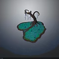 Modern Scene With Blue Water Green Island And Curved Tree Hanging Elements