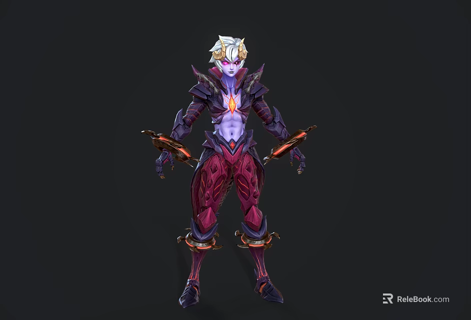 Game And Movie Character With White Hair Purple Armored Outfit Dual Daggers And Glowing Chest 3d model 