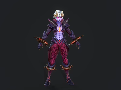 Game And Movie Character With White Hair Purple Armored Outfit Dual Daggers And Glowing Chest 3d model