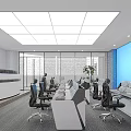 Modern Office Interior Design With Workstations Ergonomic Chairs Blue Accent Wall And Large Windows 3d model