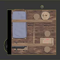 Wooden Cabin Interior With Bunk Bed Blue Cloth Barrel Table And Stools