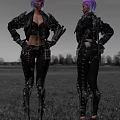 Woman In Gothic Style Black Studded Leather Jacket Tight Pants With Decorative Belt