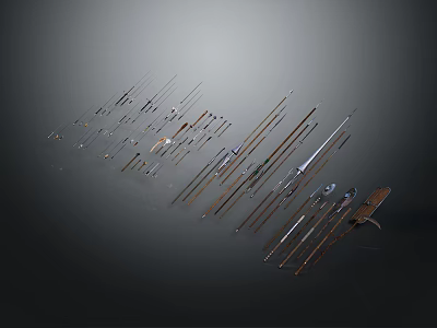 Various Ancient And Modern Weapons Displayed In Arranged Collection With Metal Blades And Spears 3d model