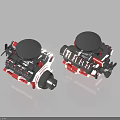 Two Red And Black Mechanical Components With Round Black Tops And Structured Design 3d model