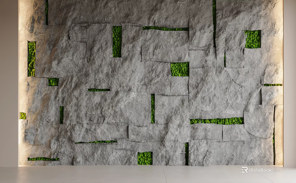Gray Stone Background Wall With Hollow Square And Striped Sections Filled With Green Plants 3d model 