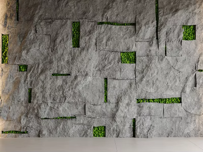 Gray Stone Background Wall With Hollow Square And Striped Sections Filled With Green Plants 3d model