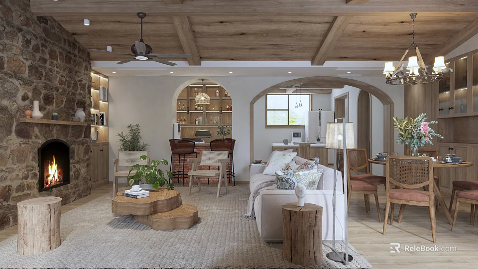Cozy Living And Dining Room Interior With Wooden Ceiling Stone Fireplace And Sofa 3d model 