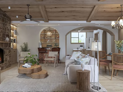 Cozy Living And Dining Room Interior With Wooden Ceiling Stone Fireplace And Sofa 3d model