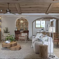 Cozy Living And Dining Room Interior With Wooden Ceiling Stone Fireplace And Sofa