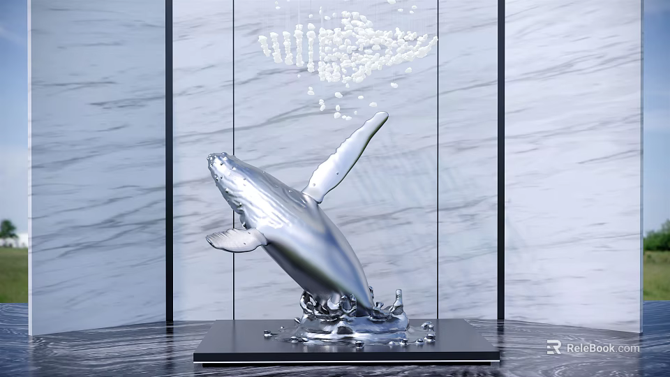 Silver Whale Sculpture Leaping With Water Droplets On Base And Marble Background 3d model 