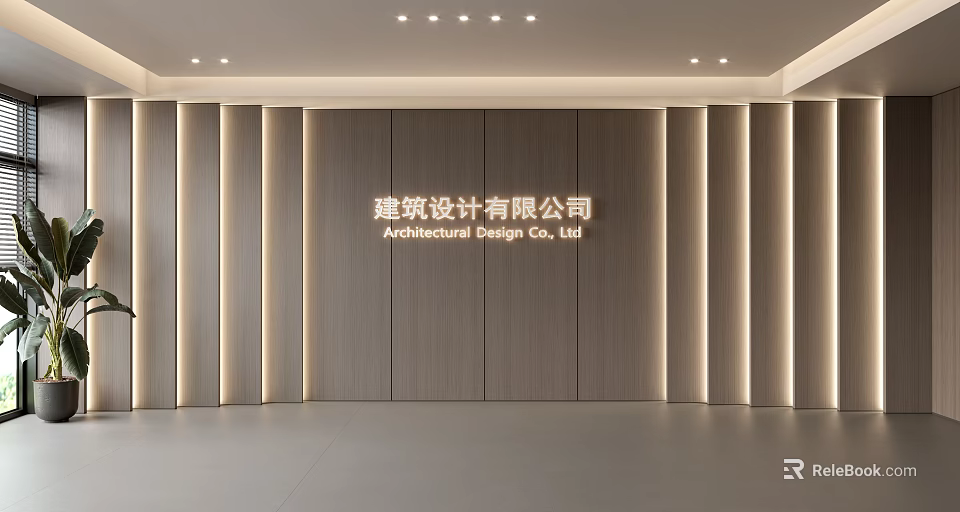 Modern Wooden Company Reception Background Wall With Logo Text And Strip Lighting 3d model 
