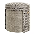 Modern Round Stool with Woven Beige and Dark Gray Fabric Design