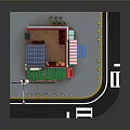 Small Street Shop Building With Green Roof Red Balcony Striped Awning Street Lamp And Bollards