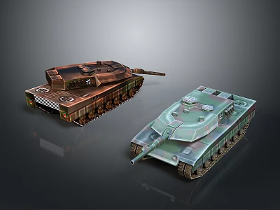 Two Military Tanks With Brown And Green Camouflage On Dark Reflective Surface 3d model