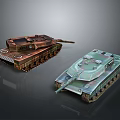 Two Military Tanks With Brown And Green Camouflage On Dark Reflective Surface