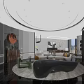 Elegant Modern Living Dining Room Interior With Sofa Dining Table Decorative Painting And Round Rug