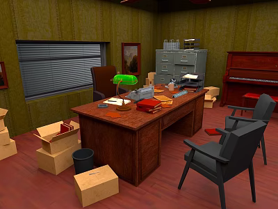 Cartoon Office Scene With Wooden Desk Green Lamp Cardboard Boxes Filing Cabinet And Red Floor 3d model