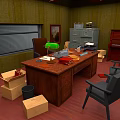 Cartoon Office Scene With Wooden Desk Green Lamp Cardboard Boxes Filing Cabinet And Red Floor