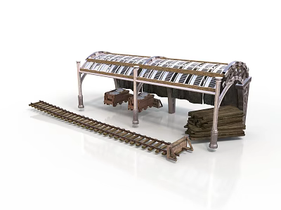 Vintage Covered Railway Station Platform With Striped Canopy Rail Tracks And Wooden Log Carts 3d model