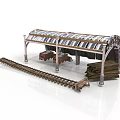 Vintage Covered Railway Station Platform With Striped Canopy Rail Tracks And Wooden Log Carts