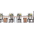 Long Wooden Office Desk With Multiple Computers Black Chairs And Office Supplies