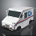 White Mail Truck With Blue Logo And Red Blue Stripes On Body