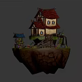 Fairy Tale Cartoon Style Floating Island Wooden Cottage With Red Roof Staircase Fence And Flowers