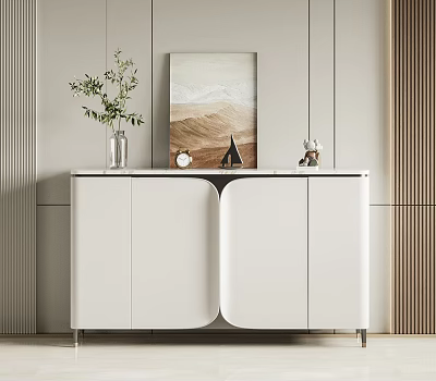 Modern White Console Cabinet with Decorative Items Green Plant and Wall Art in Entryway 3d model