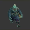 Bald Bearded Muscular 3D Character With Blue Coat Red Scarf And Mechanical Gloves