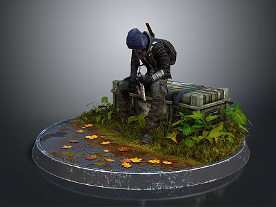 Man wearing blue hat with backpack sitting on trunk surrounded by green plants fallen leaves 3d model