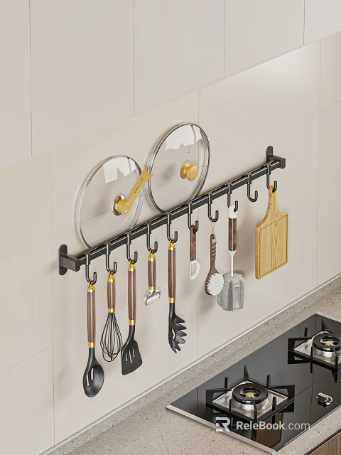 Organizational Kitchen Wall Mounted Rack Holding Cooking Tools Cutting Board And Pot Lids 3d model 