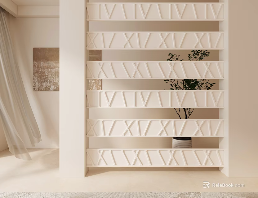 White Room Divider With Geometric X Pattern In Modern Interior With Curtain And Plant 3d model 